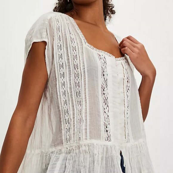 Free People FP One Georgia Blouse Top Lace Trim Capped Sleeve - Picture 2 of 3